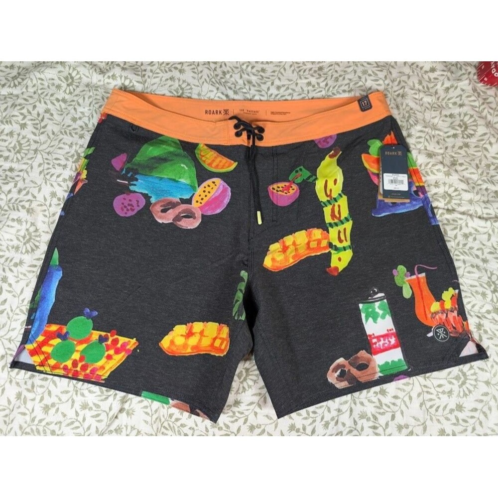 Roark Passage 17" Boardshorts Tahiti Treat Hemp Blend Swim Trunks Black 36 NWT